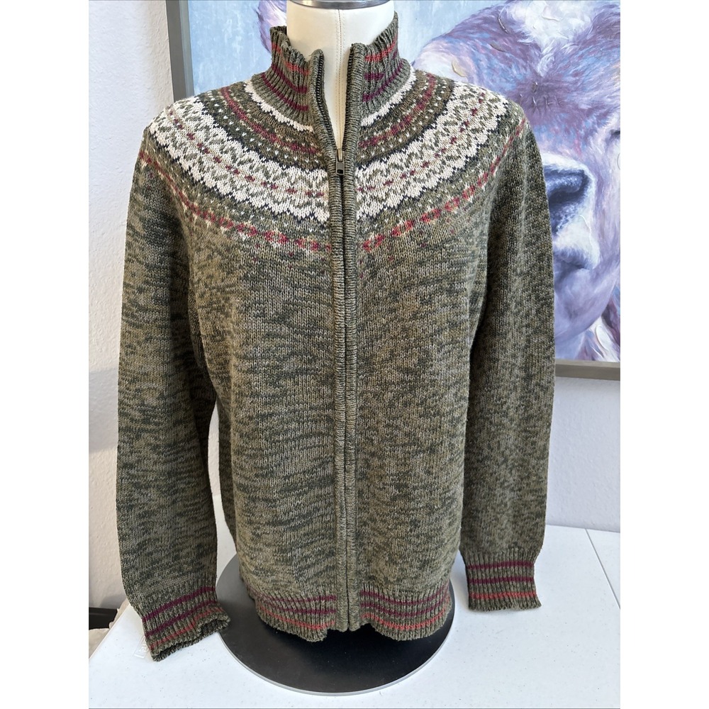 Heirloom Collectibles Women's S VTG Green Cream Fair Ilse Full Zip Knit Sweater